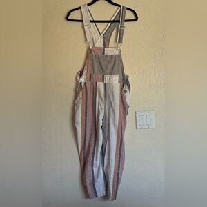Striped Linen Blend Overalls in Mauve and Cream